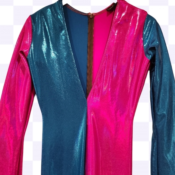 Super hot pink Metallic blue v neck fitted Jumpsuit.M8 costom made. - Picture 3 of 7